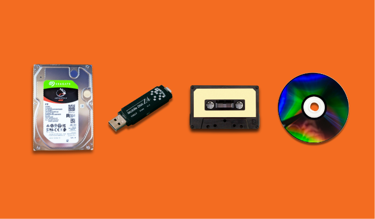 A hard drive, USB flash drive, CD, and cassette tape lying flat on an orange background in a grid pattern.