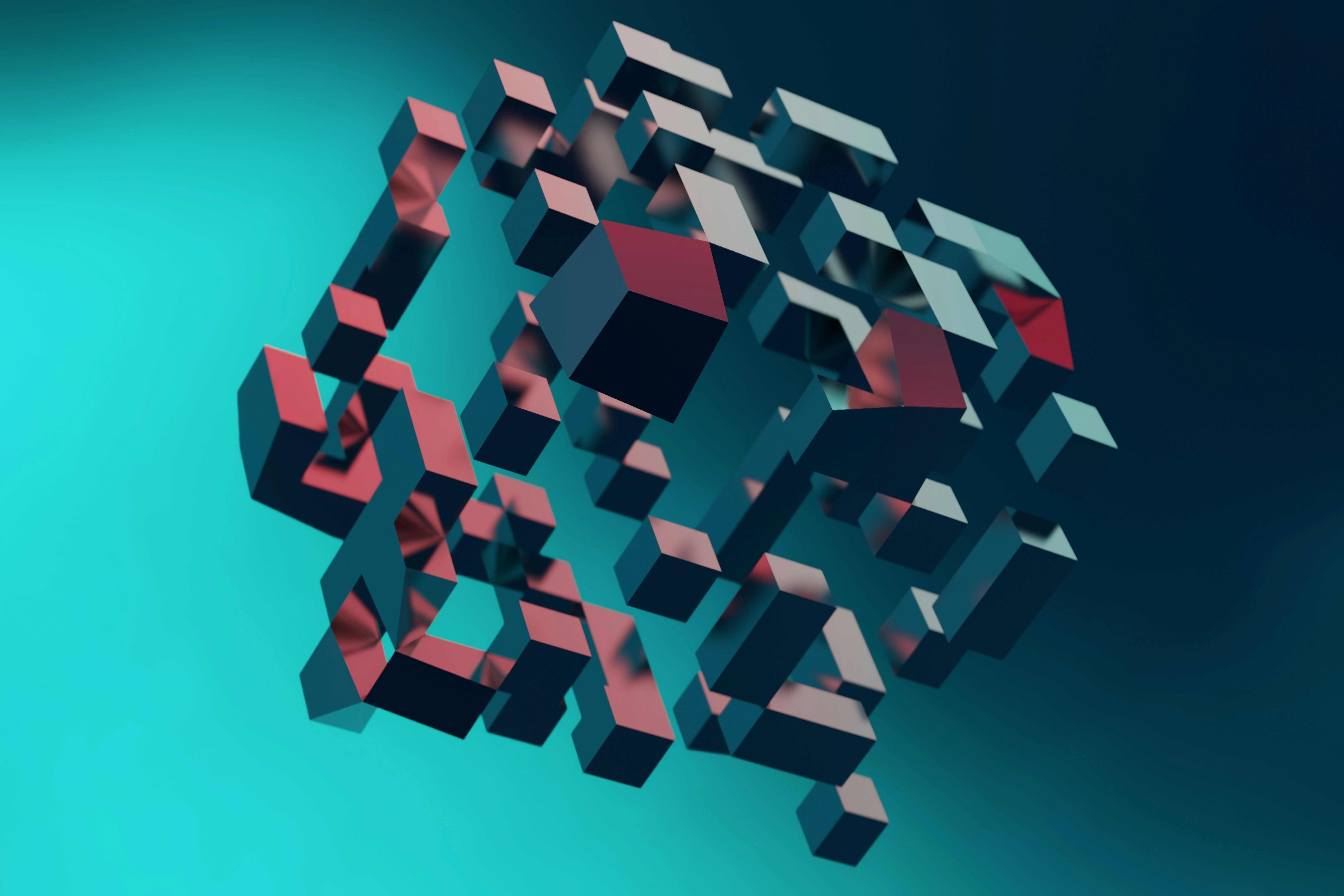 Data archiving is represented by a large dispersed cube made up of smaller teal and pink cubes against a gradient background.