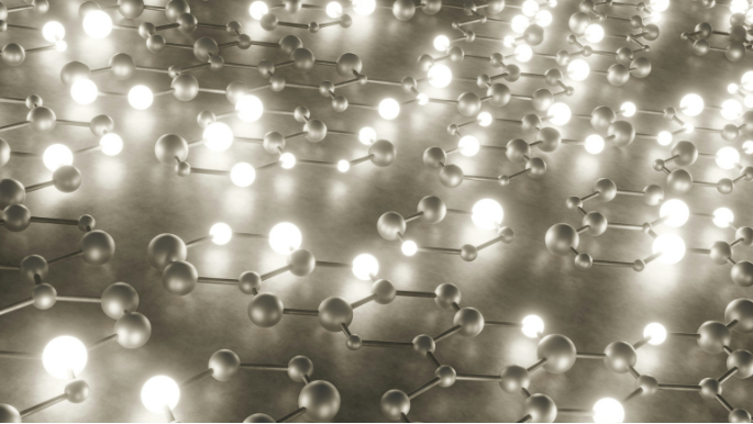Wide shot of multiple grey molecular structures with glowing and non-glowing spheres