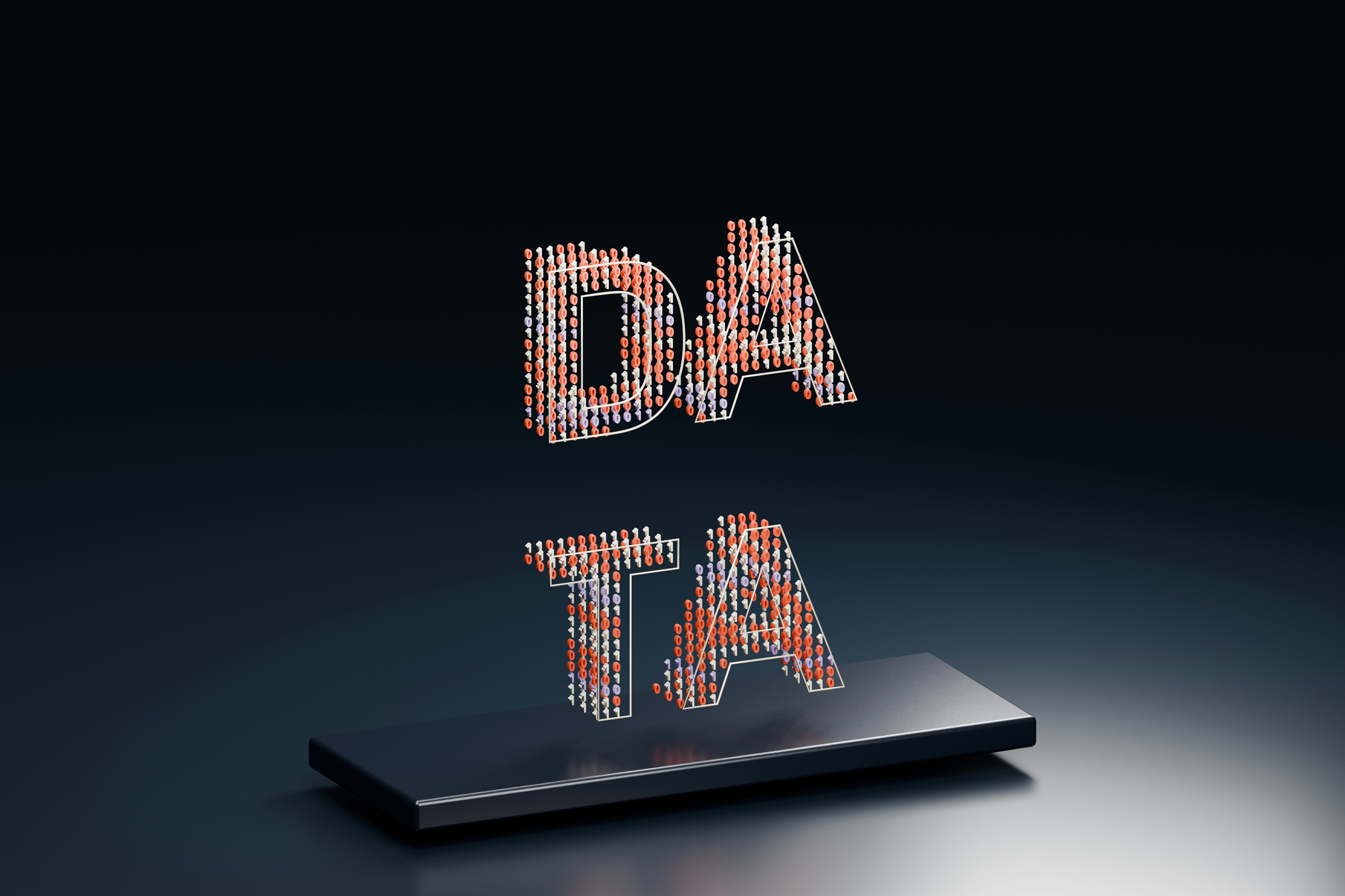 Small colorful items formed to spell out the word data in capital letters floating at an angle in space above a metallic platform